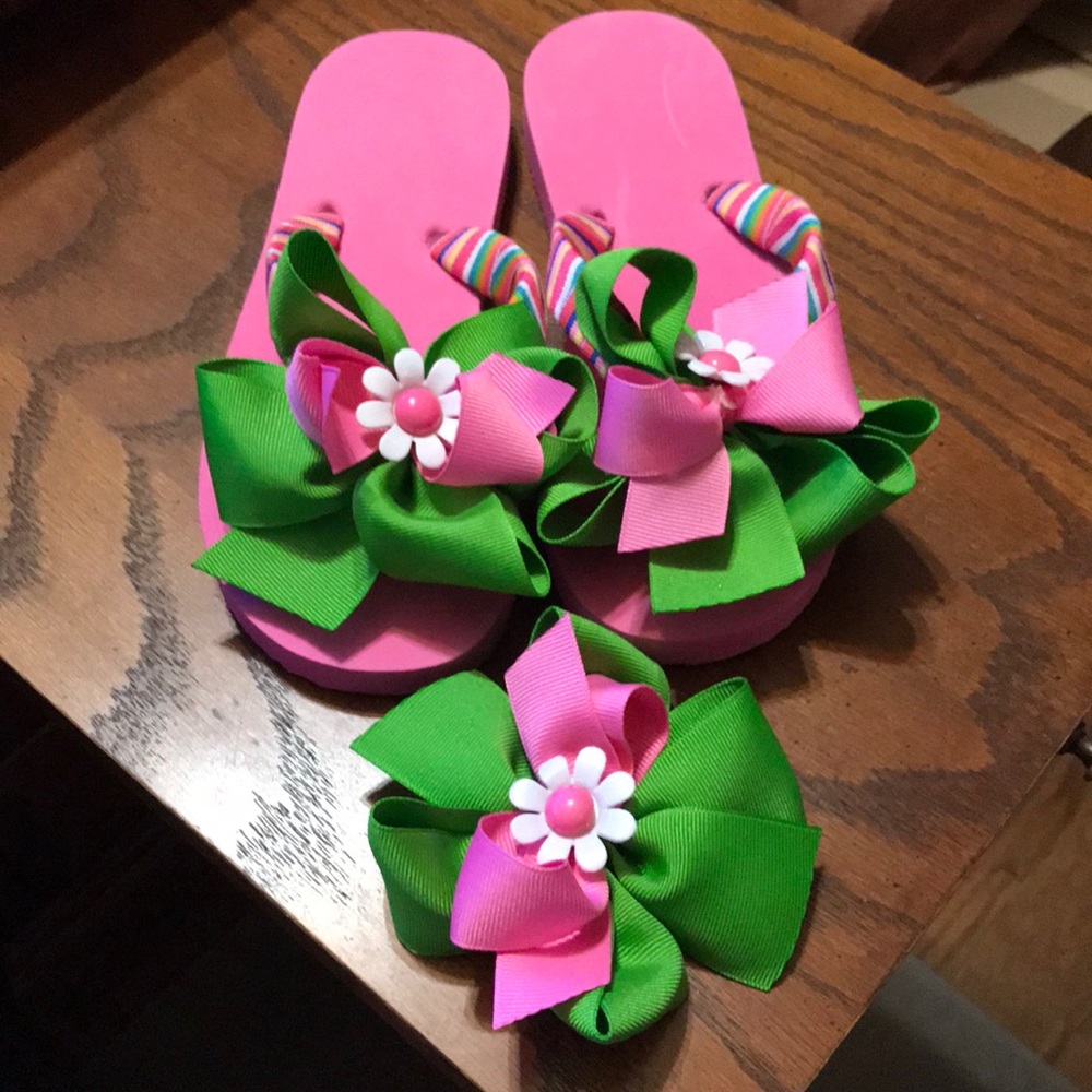 Girls Flip Flops Ribbon & Bows + Matching Bow